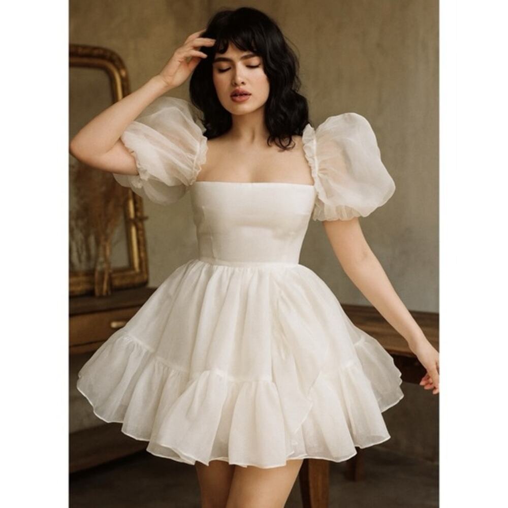 [Selkie] Ivory The Martini Dress Mini Ruffle Puff Sleeve Square Neck NWT Size XL